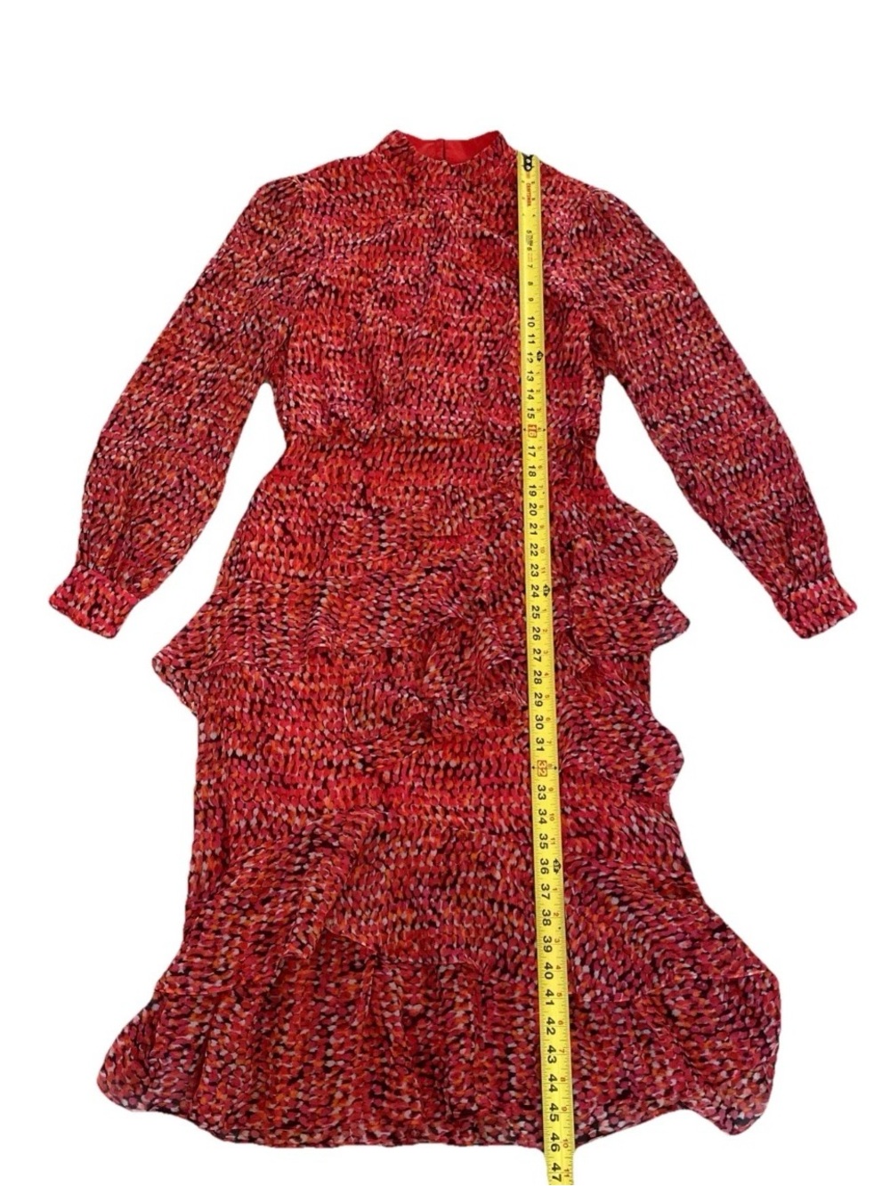 SALONI Red Printed Isa Ruffle Silk Midi Dress US 8/UK 12 MSRP $695 - Picture 11 of 16